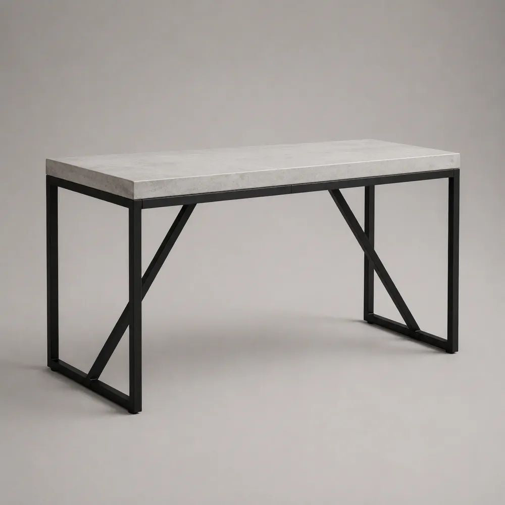 Table à manger rectangulaire en MDF effet béton gris et acier noir, 120 × 60 × 75 cm