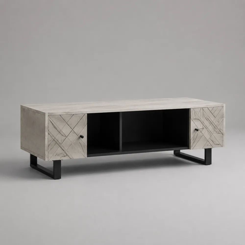 Table basse rectangulaire en bois et métal avec 2 placards et 2 niches, blanc et noir, 110 x 50 x 40 cm