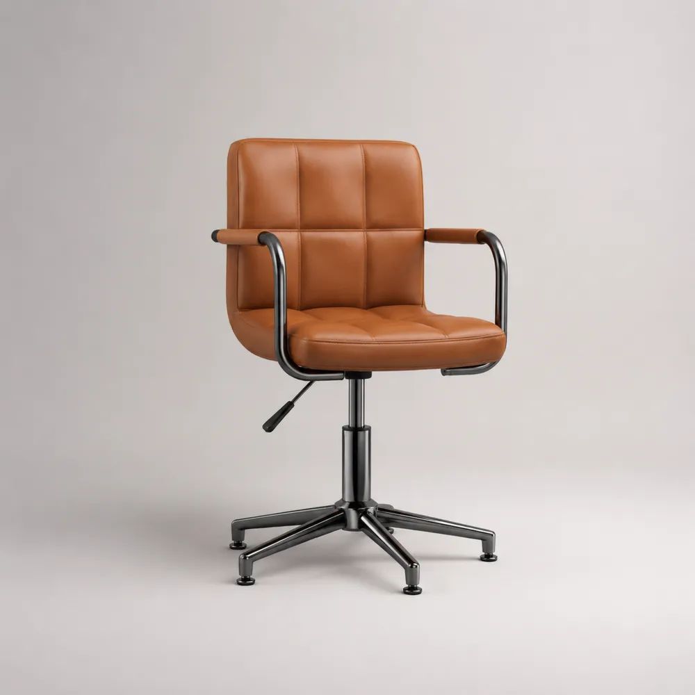 Chaise pivotante réglable avec accoudoirs en similicuir cognac et métal noir, 58 x 58 x 80-90 cm