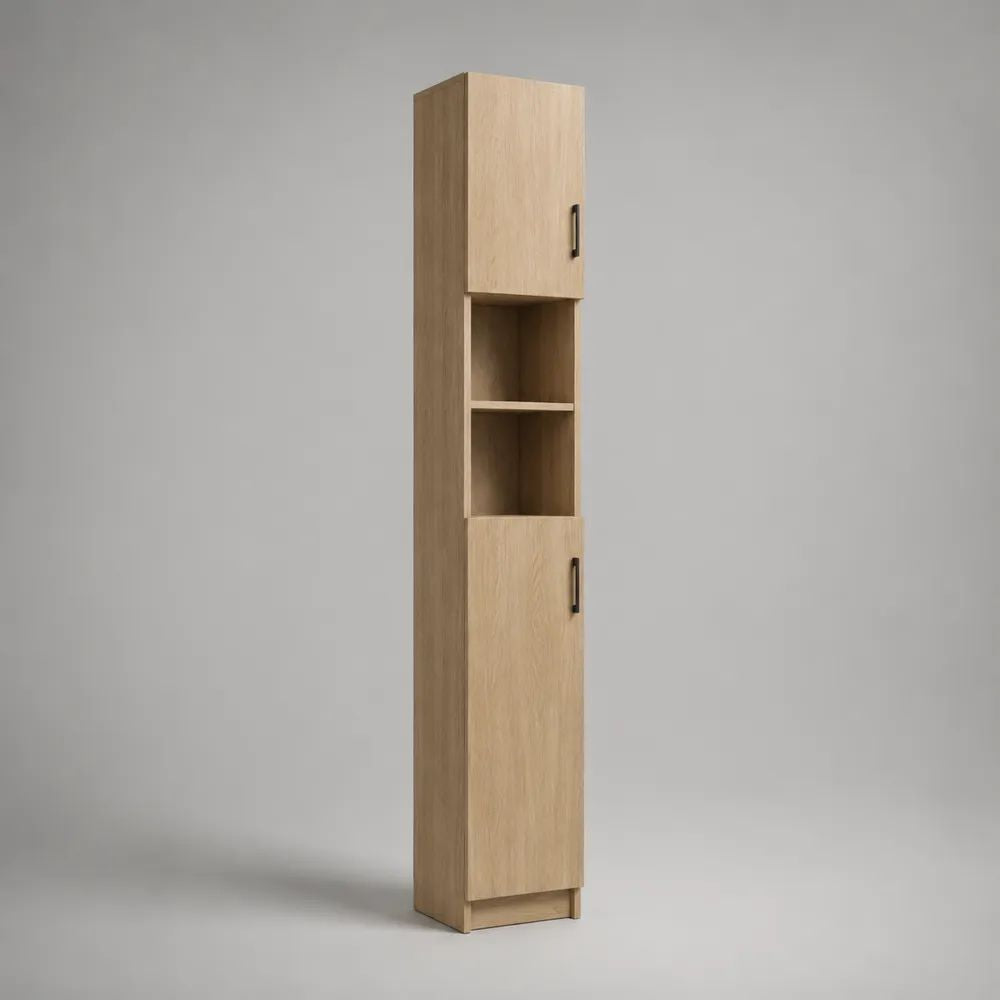 Colonne de salle de bain en bois à 2 portes et 2 niches, chêne naturel et noir, 30 × 30 × 180 cm