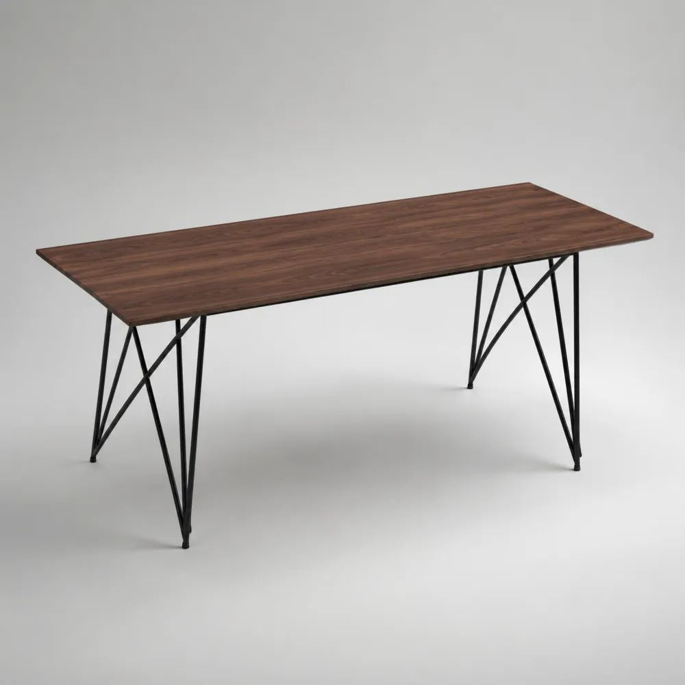 Table à manger rectangulaire 6 places, plateau MDF plaqué noyer et pieds en acier noir, 160 × 80 × 75 cm