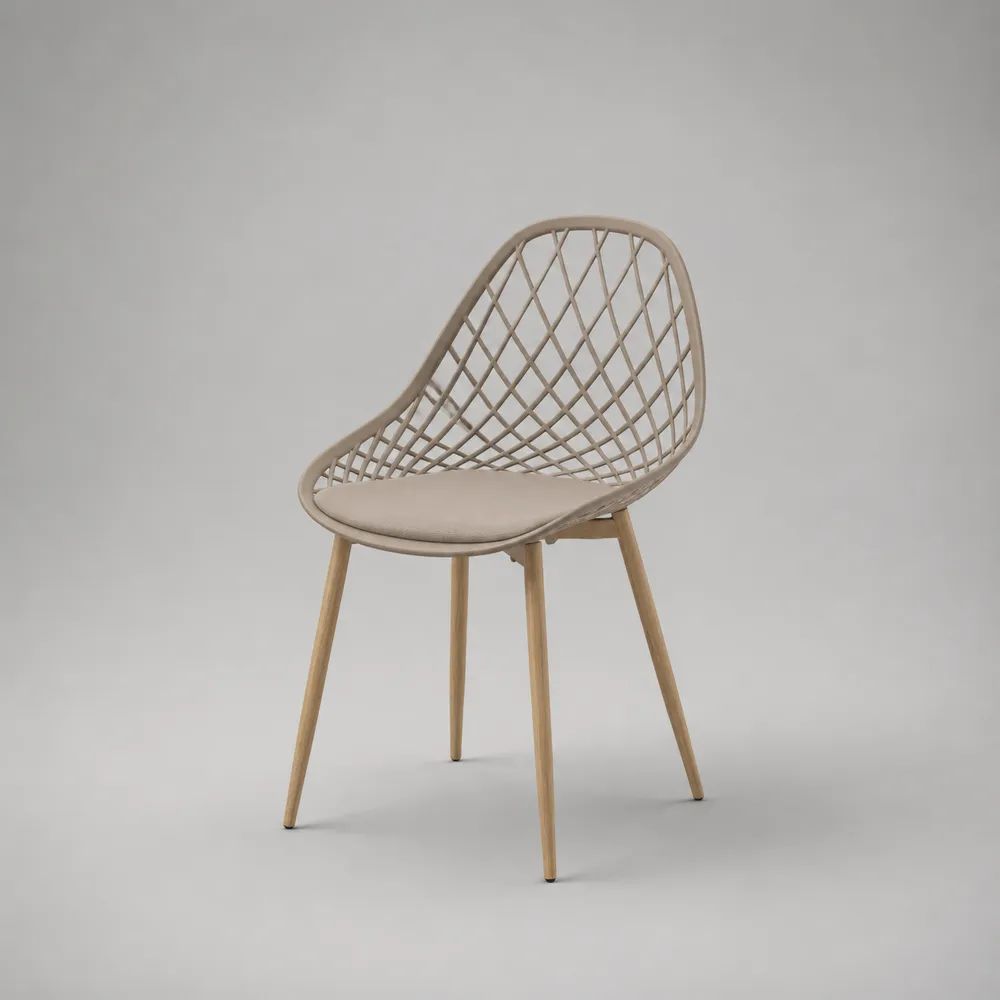 Chaise de salle à manger taupe à dossier arrondi en polypropylène, coussin rembourré et pieds en acier effet bois, 47 × 55 × 82 cm