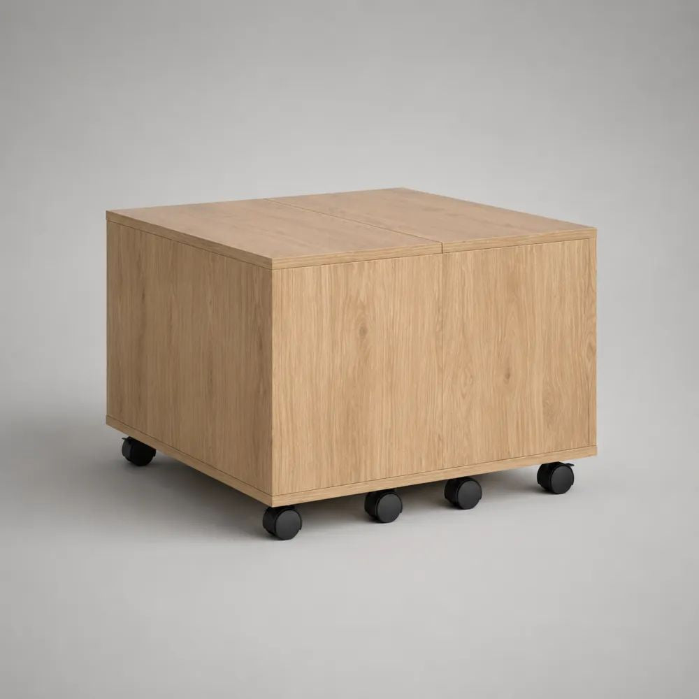 Lot de 2 tables basses modulables à roulettes en panneaux de particules, chêne naturel et noir, 80 × 80 × 50 cm