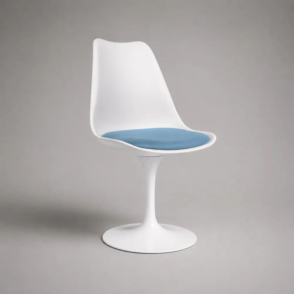 Chaise de salle à manger pivotante en polypropylène et acier blanc avec coussin bleu, 49 x 53 x 82 cm