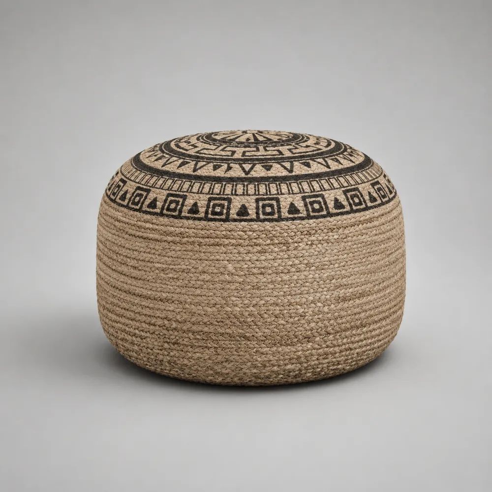 Pouf repose-pieds rond en jute tressé et coton beige et noir, Ø 50 × H 35 cm
