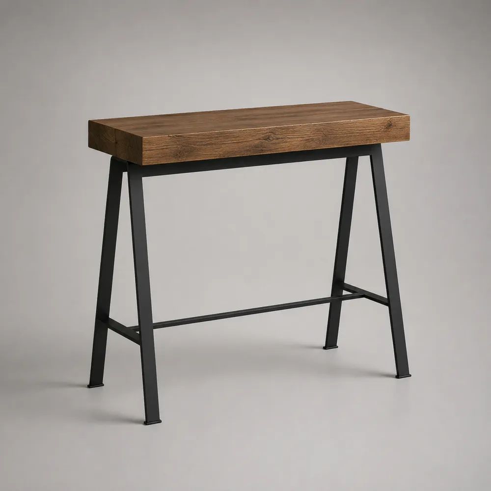 Table haute rectangulaire en MDF mélaminé effet chêne et acier noir, 120 × 40 × 105 cm