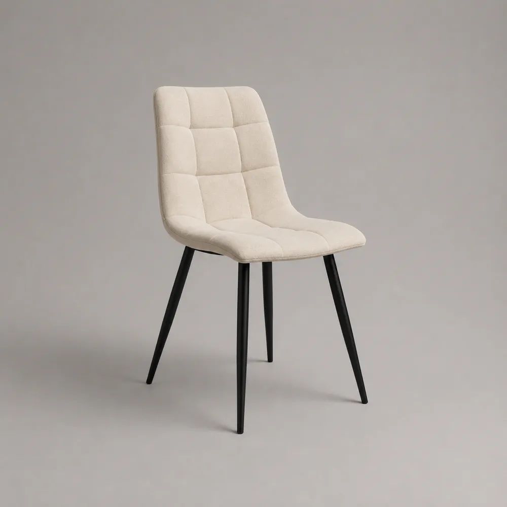 Chaise de salle à manger rembourrée en tissu beige avec dossier incurvé et pieds en acier noir, 49 × 57 × 86 cm