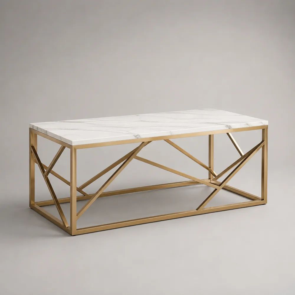 Table basse rectangulaire en MDF effet marbre blanc et métal doré, 100 x 50 x 45 cm
