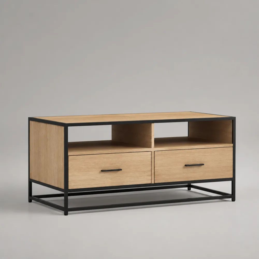 Table basse rectangulaire en bois et acier noir avec 2 tiroirs et 2 niches, chêne naturel, 100 × 50 × 50 cm