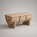 Table basse coffre demi-tonneau en MDF plaqué chêne et acier, chêne clair et noir, 120 × 60 × 55 cm