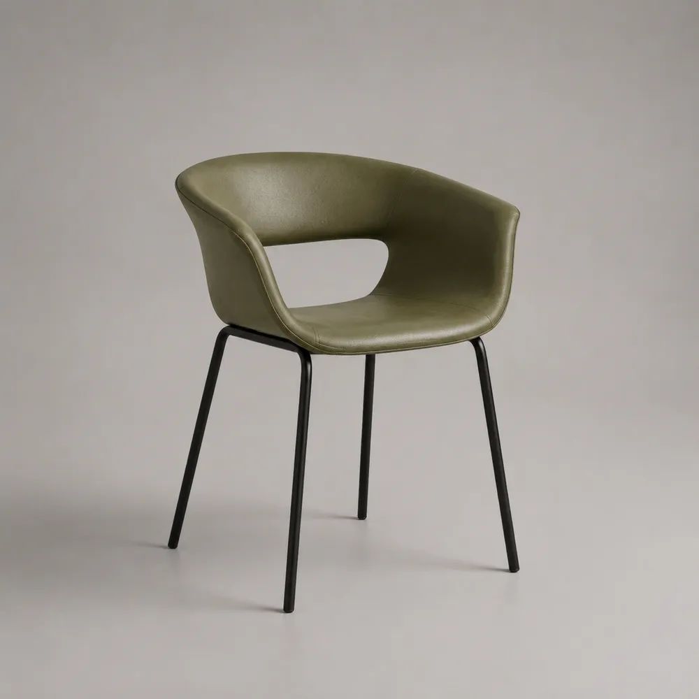 Chaise de salle à manger avec accoudoirs en similicuir vert olive et pieds en acier noir, 58 × 57 × 80 cm