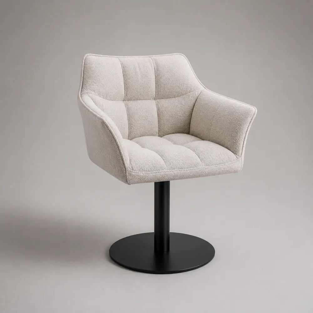 Fauteuil pivotant rembourré en tissu blanc cassé et métal noir, 62 × 61 × 82 cm