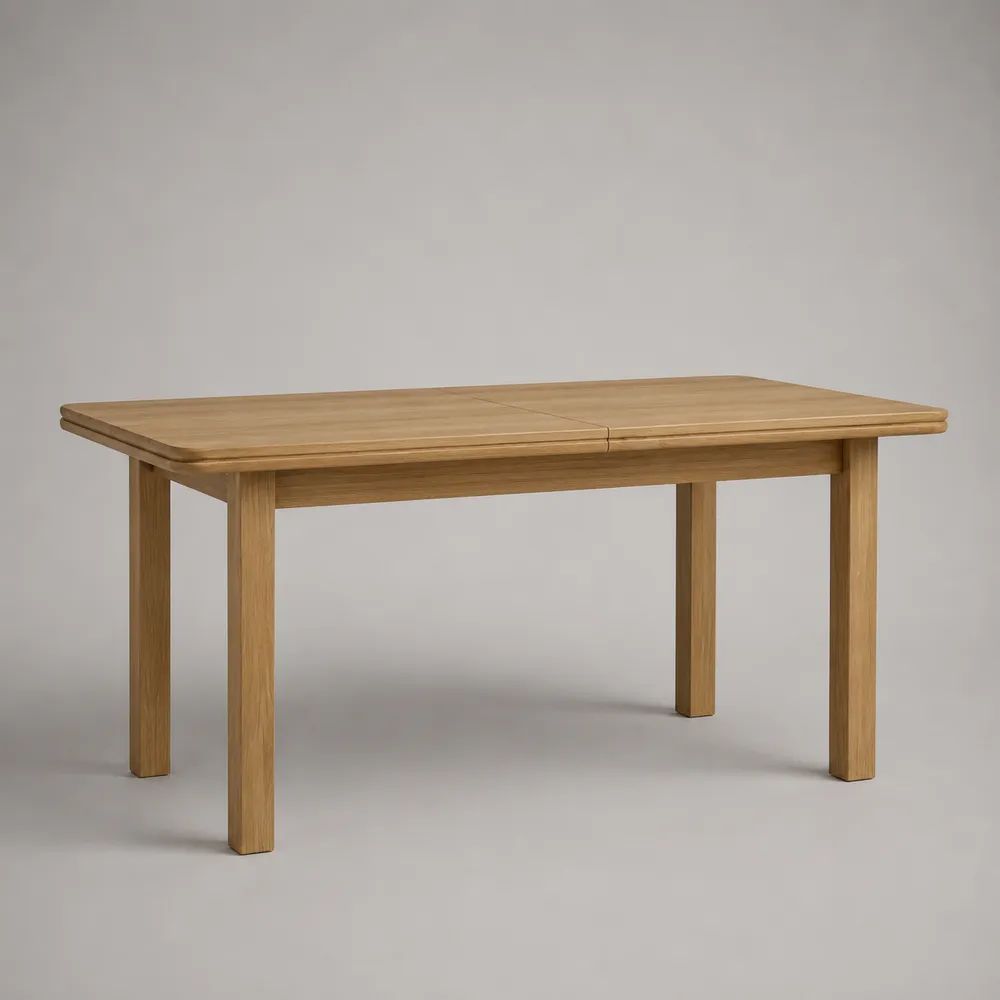 Table à manger extensible rectangulaire 4 à 6 personnes en chêne massif et placage chêne naturel, 120 à 160 × 80 × 75 cm