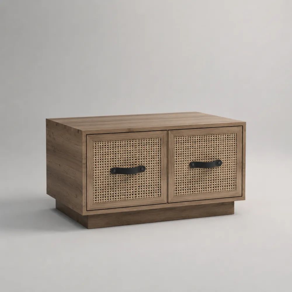 Table basse rectangulaire à 2 tiroirs en bois massif de manguier et cannage en rotin naturel, marron, 80 × 50 × 45 cm