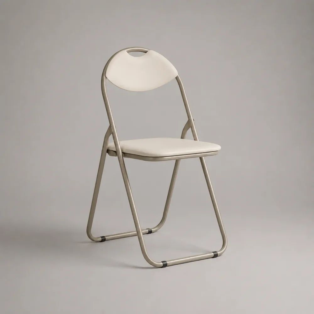 Chaise pliante en acier tubulaire et plastique blanc, dossier arrondi avec poignée, 78 × 45 × 47 cm