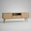 Meuble TV rectangulaire en bois et cannage, 2 portes, 1 tiroir et 1 niche, chêne naturel et beige, 140 × 40 × 60 cm