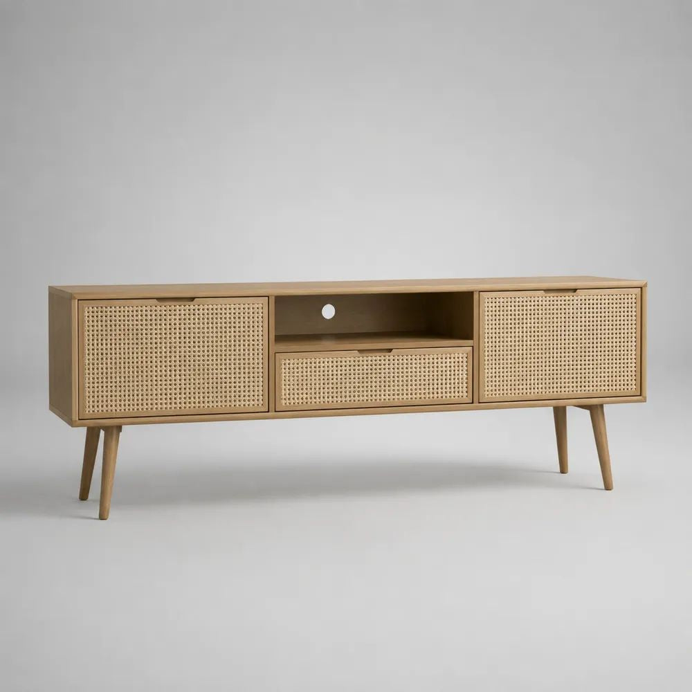 Meuble TV rectangulaire en bois et cannage, 2 portes, 1 tiroir et 1 niche, chêne naturel et beige, 140 × 40 × 60 cm