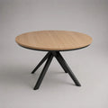Table à manger ronde extensible 4 à 6 places en bois et métal, chêne clair et noir, Ø 120 cm, 160 × 120 × 76 cm ouverte
