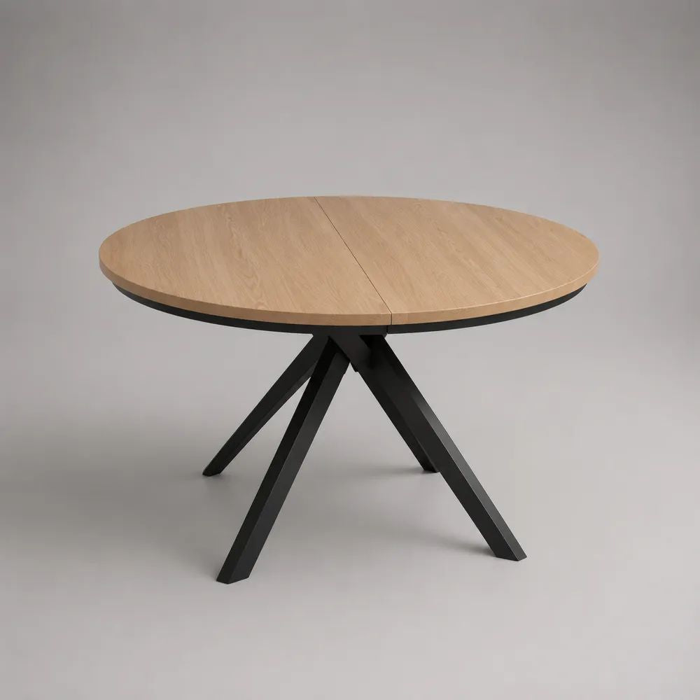 Table à manger ronde extensible 4 à 6 places en bois et métal, chêne clair et noir, Ø 120 cm, 160 × 120 × 76 cm ouverte
