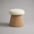 Tabouret repose-pieds rond en tissu bouclette et bois massif, blanc cassé et naturel, Ø 45 × H 48 cm