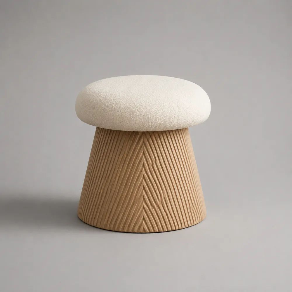 Tabouret repose-pieds rond en tissu bouclette et bois massif, blanc cassé et naturel, Ø 45 × H 48 cm