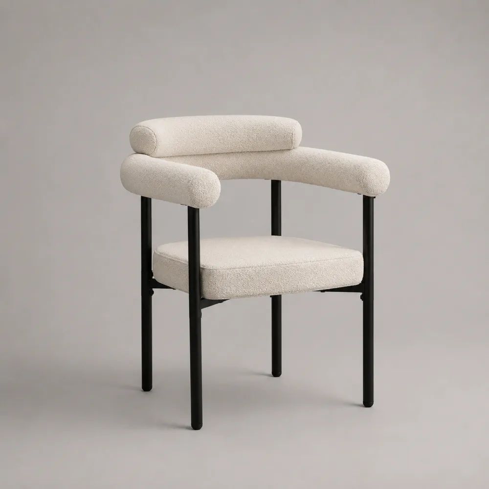 Chaise de salle à manger avec accoudoirs, tissu bouclé écru et structure en métal noir, 60 x 58 x 80 cm