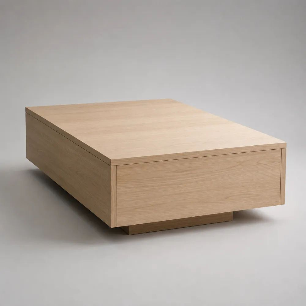 Table basse carrée avec tiroir en panneau MDF plaqué chêne naturel, 100 x 100 x 36 cm