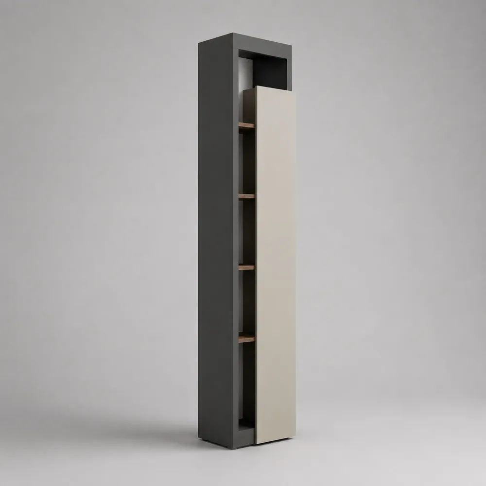 Colonne de salle de bain en panneaux de particules mélaminés avec porte et 4 étagères, anthracite, blanc et brun, 30 × 30 × 180 cm