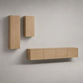 Ensemble de meubles TV muraux rectangulaires 3 pièces en MDF plaqué chêne naturel, meuble bas 220 x 40 x 40 cm et colonnes 45 x 35 x 140 cm et 45 x 35 x 80 cm
