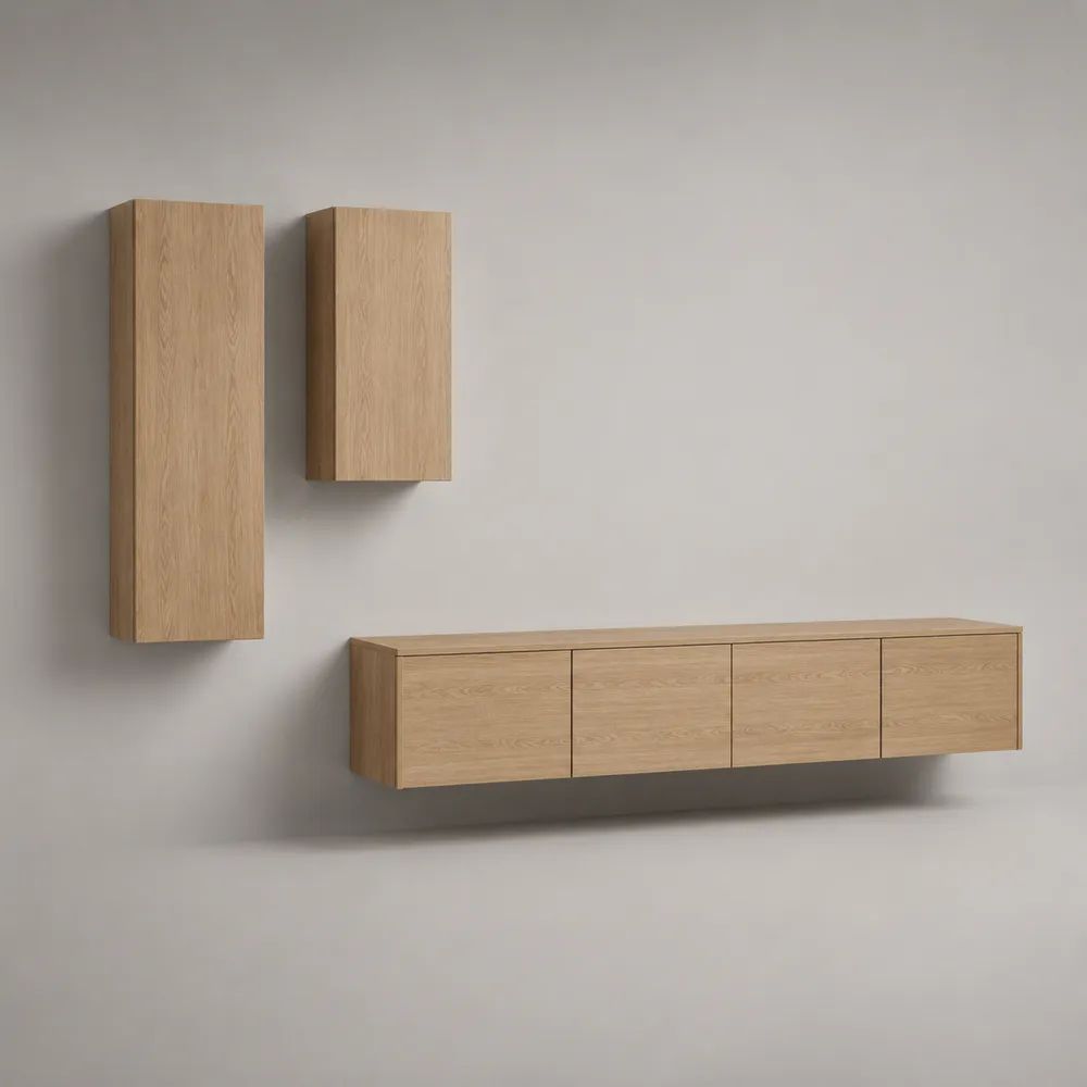 Ensemble de meubles TV muraux rectangulaires 3 pièces en MDF plaqué chêne naturel, meuble bas 220 x 40 x 40 cm et colonnes 45 x 35 x 140 cm et 45 x 35 x 80 cm