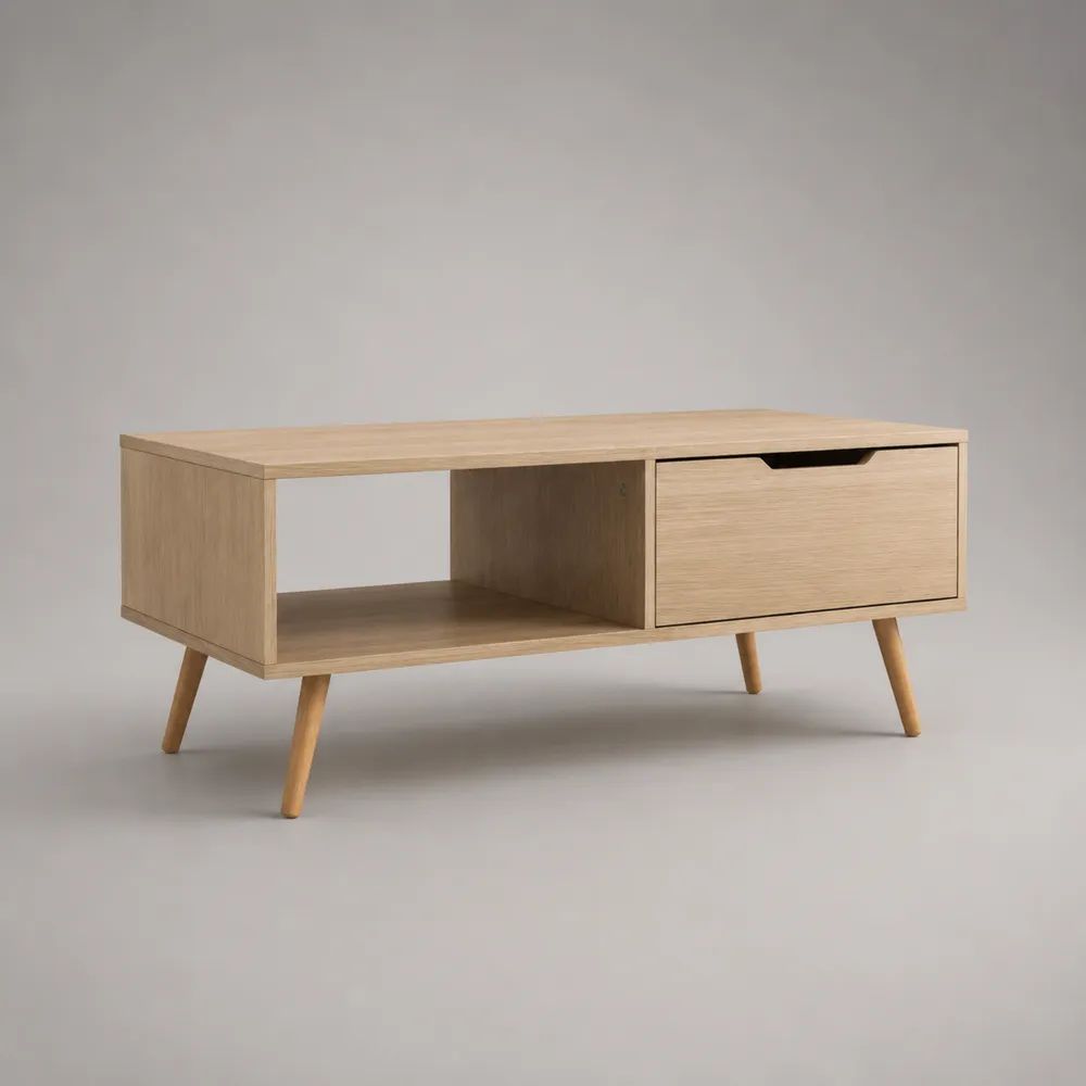 Table basse rectangulaire en MDF plaqué chêne naturel avec tiroir et niche, beige clair, 100 × 50 × 45 cm
