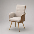 Chaise rembourrée avec accoudoirs et dossier haut en tissu et similicuir beige et marron clair, pieds en bois naturel, 60 × 64 × 100 cm