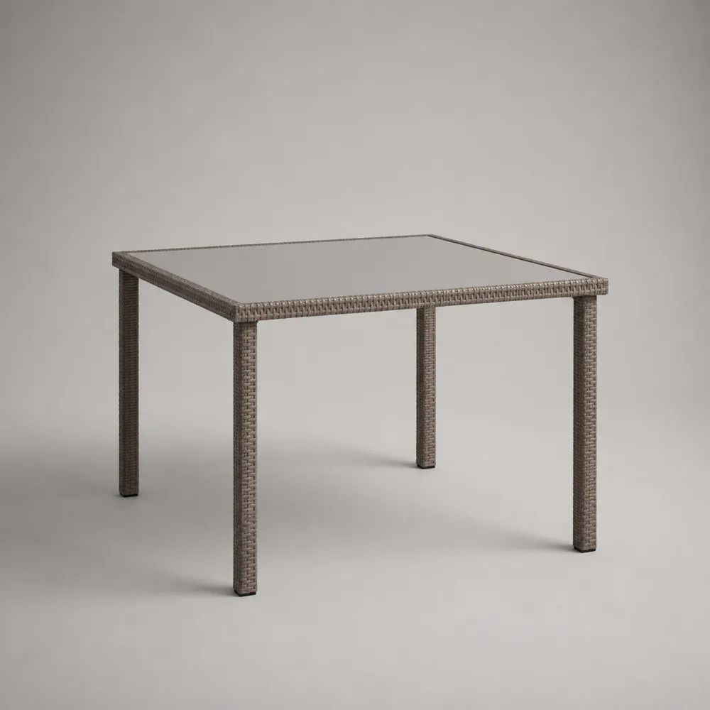Table à manger carrée 4 places en résine tressée PE gris taupe et verre trempé transparent, 80 × 80 × 74 cm