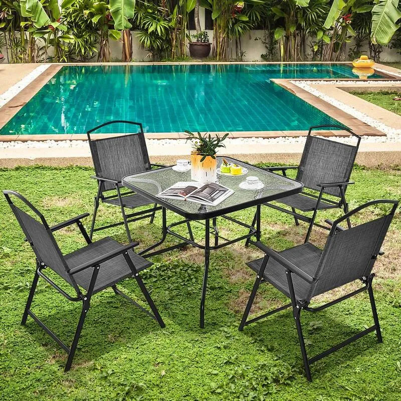 5Piece Ensemble de repas en métal patio 5piéce, verre trempé