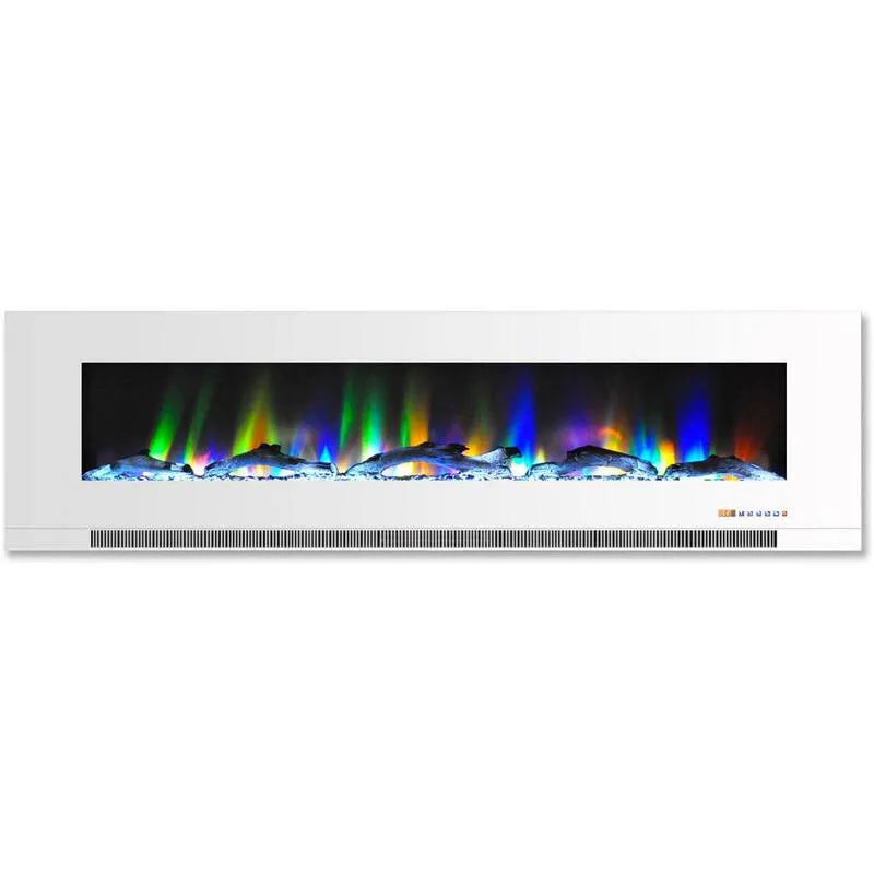 60 po, 60 po. Cheminée électrique murale en blanc avec flammes multi-colors et affichage de la bûche, 60 in, Champ d'incendie électrique à mur
