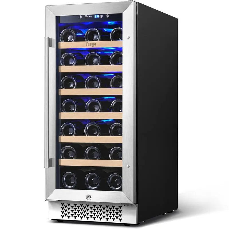 Yeego, 33 bouteilles 15 po. Zone unique 33-Bottes intégré refroidisseur à vin réfrigérateur compresseur de qualité supérieure réversible porte trempée avec/verrouillage de sécurité