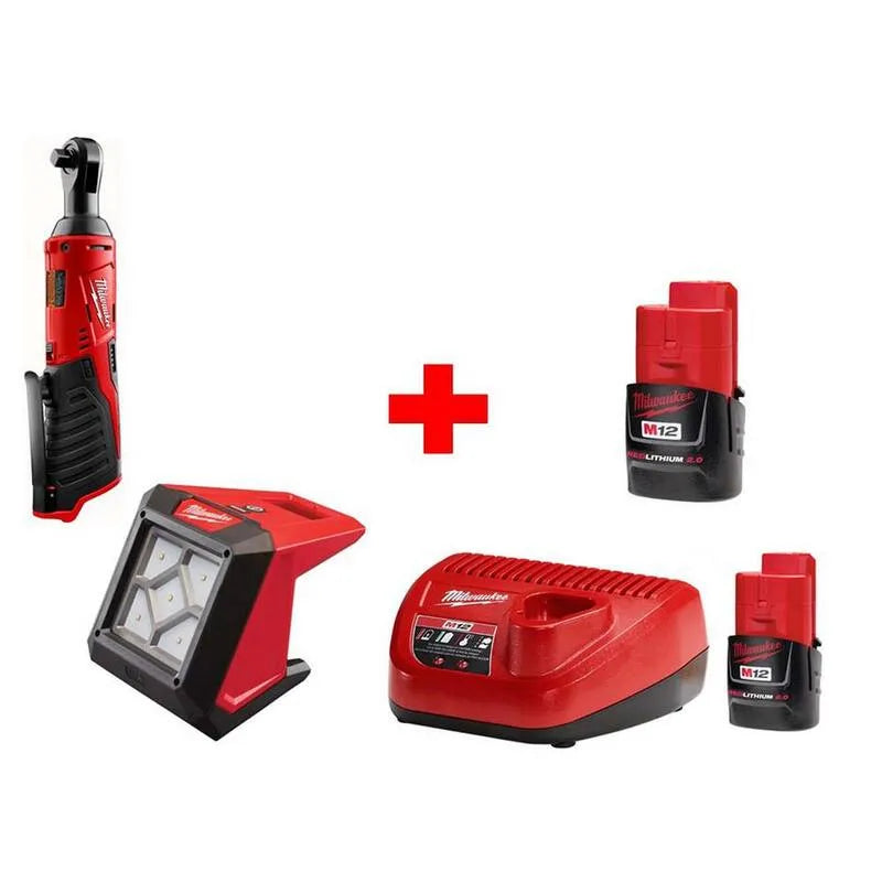 12-Volt Milwaukee 12 Volt Ratchet et LED lumière de déluge, sans fil design, 3/8 po, M12, 8 in