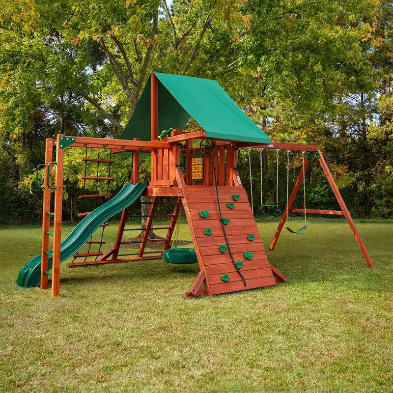 Set de balançoire, Mur de roche, Tire Swing, Barres de singe, Sun Valley II jeu extérieur en bois avec toit de tart