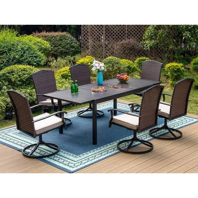 7 pièces Ensemble de repas extérieur en métal à patio 7 pièces, ensemble de repas extérieur en métal avec table extensible et chaises en rotin avec coussin beige, noir, Ensembles repas de jardin