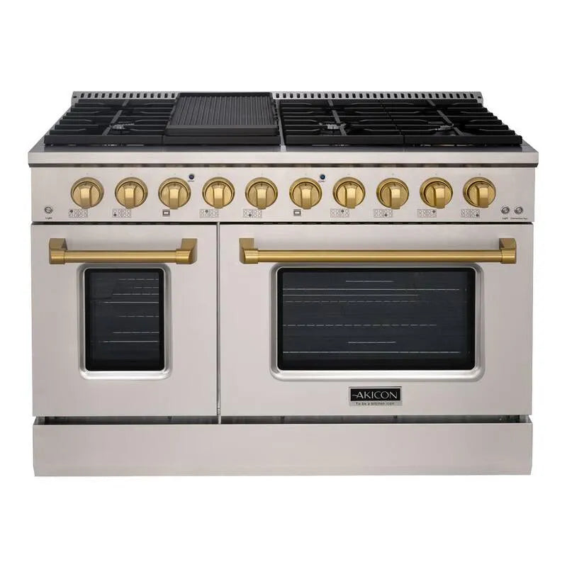 48in. Gamme de gaz 48 po, acier inoxydable, cuisson convection, 8 brûleurs, or, noir