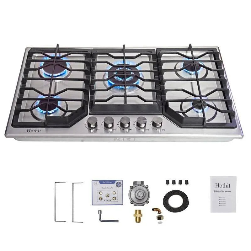 Plan de cuisson à gaz, 34 po, 5 brûleurs, Knobs à boîte de fusion et kit de conversion LP, acier inoxydable, 34 in