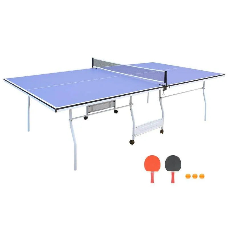 Table de tennis de table bleue, 9 pieds, 2 paddles et 3 boules, Design pliable, Intérieur, Extérieur, 9 ft
