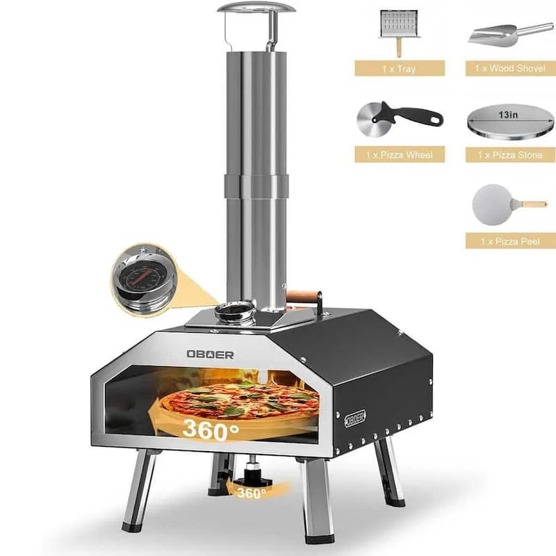 Fours à pizza Four à pizza extérieur en bois, acier inoxydable, conception portable compacte, 13 po, rotative, noir, 13 in