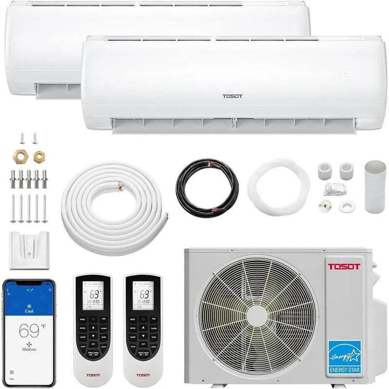Mini système de partage sans conduit 24000 BTU double zone SEER2, cuisine double-panier, 21 SEER2, Wifi, 230, 12K, 24,000 BTU