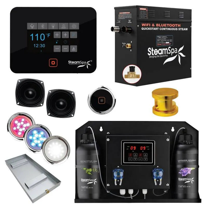 Générateur, noir, Bluetooth, Wifi, série générateur de bain à vapeur avec contrôle sans fil Bluetooth / Wifi fonctionnement et égouttage automatique en or, Or poli, Générateurs de vapeur pour douche