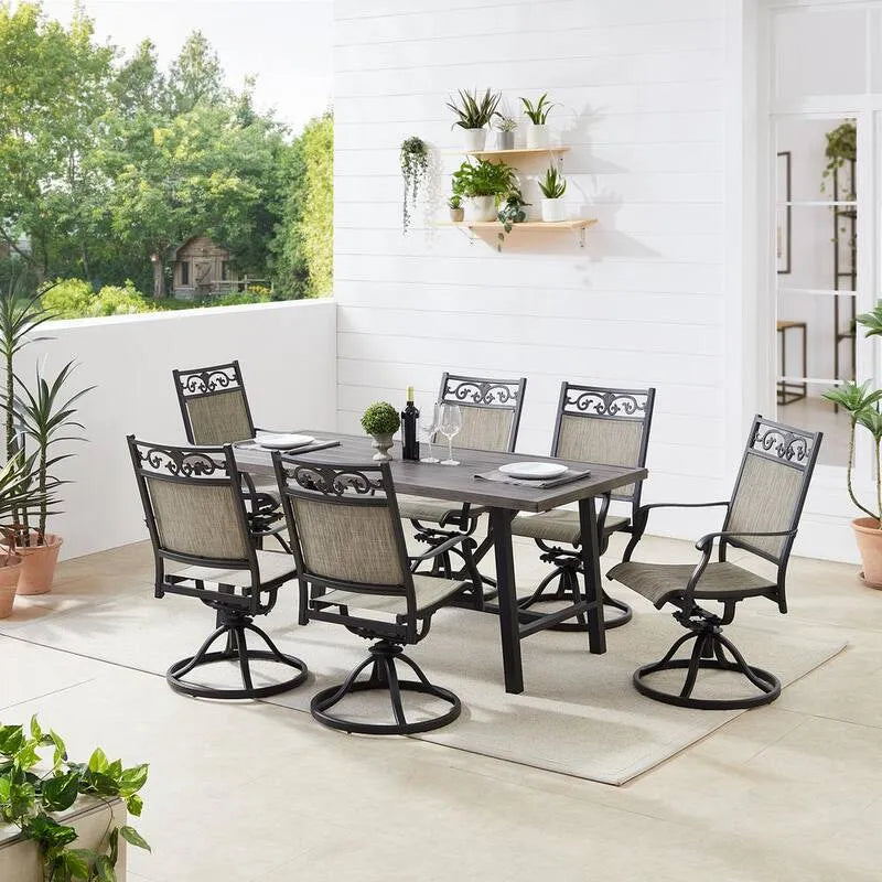 7 pièces Ensemble de salle à manger extérieur en aluminium moulé à 7 pièces, ensemble de salle à manger extérieur en aluminium moulé avec 6 chaises pivotantes et table