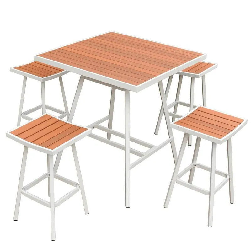 5 pièces Pièce en métal en bois ensemble bistro extérieur 5 pièces, 4 tabourets et table, orange