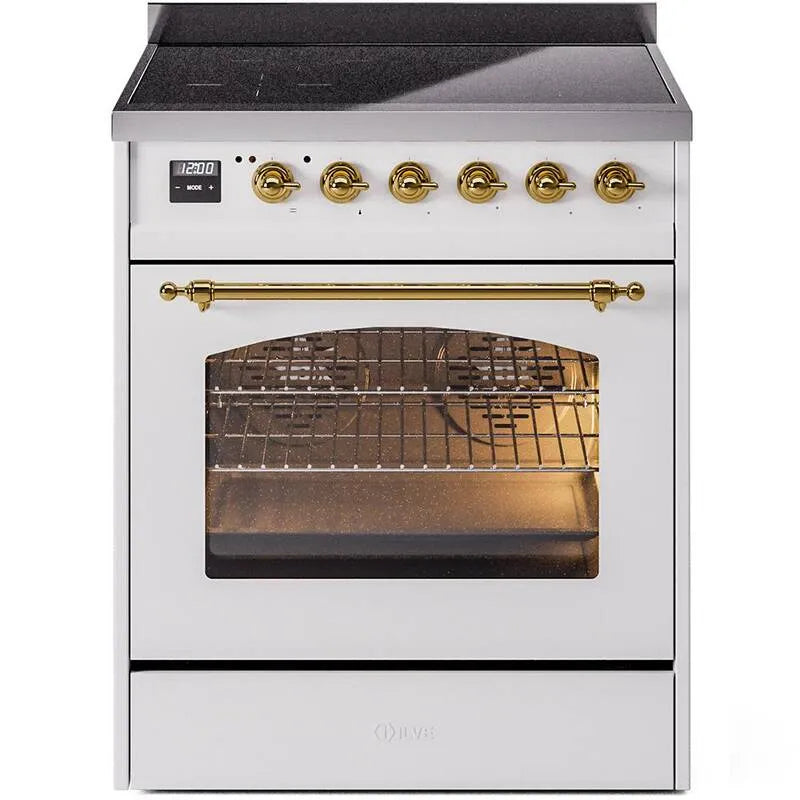 ILVE, Nostalgie II 30 po 4 Zone Gamme d'induction autonome en blanc avec laiton, intervalles d'induction du four unique, 30 in