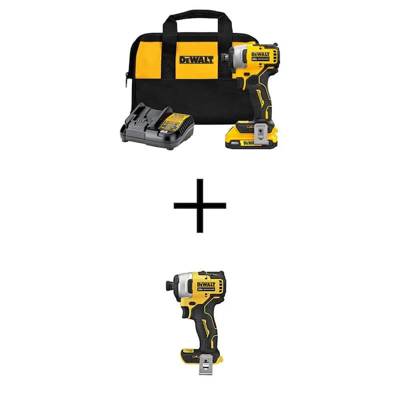 Kit de pilote d'impact DEWALT avec 2Ah, conception sans fil, conception portable compacte, 20V, 1/4 po, pilote d'impact avec 2Ah batterie, sans brosse, 4 in