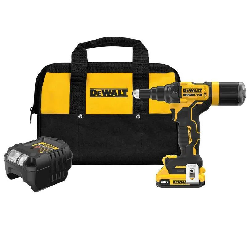 Kit d'outils de rivet DEWALT, 20V, 3/16 po, sans fil, chargeur et sac, sans brosse, 16 in, 2.0 Ah